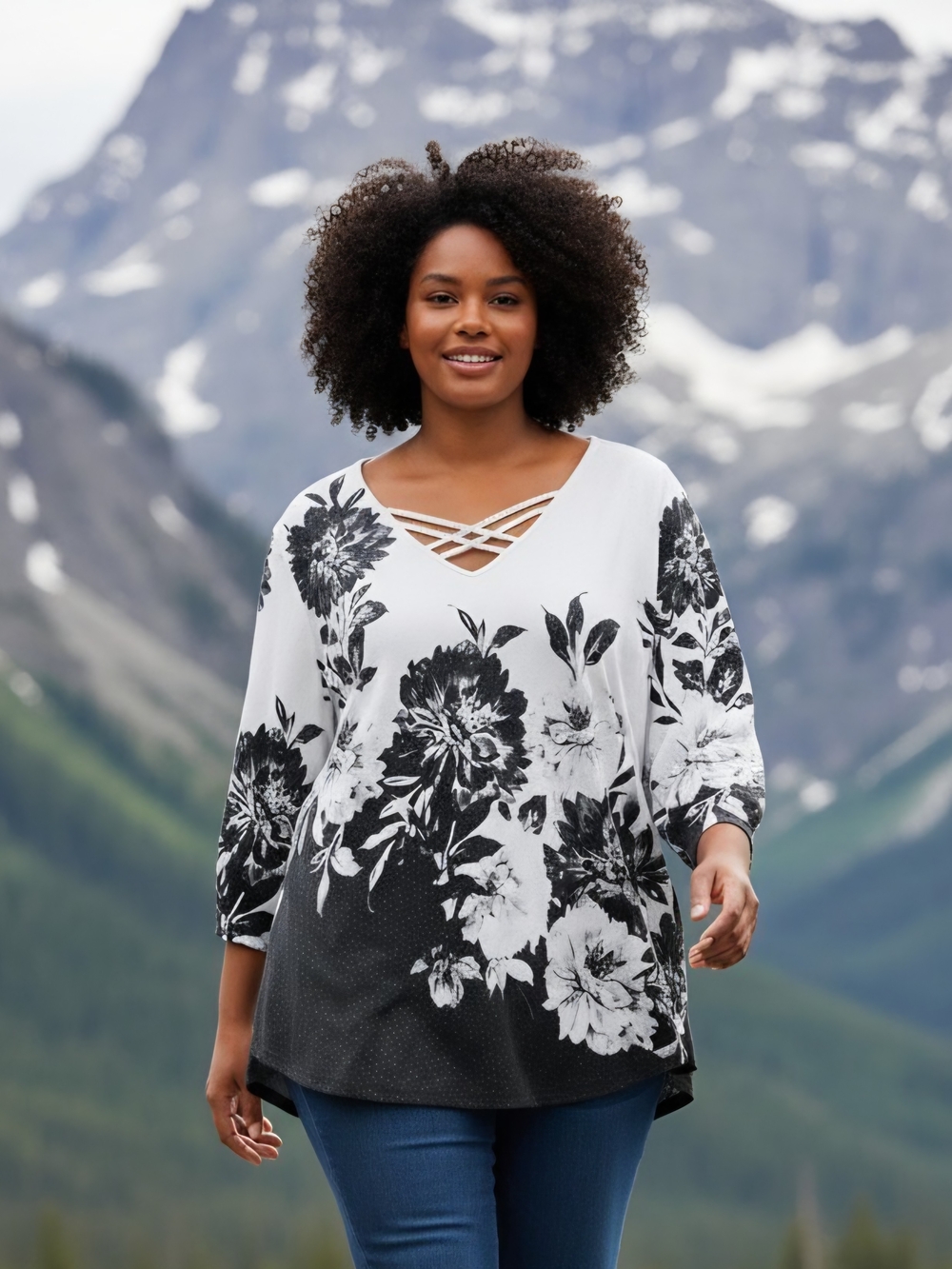 Allison Daley Womens Plus Size 2X Black & White Floral Crisscross V-Neck Top